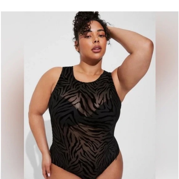 torrid Tops - Torrid Black Zebra Flocked Mesh Bodysuit